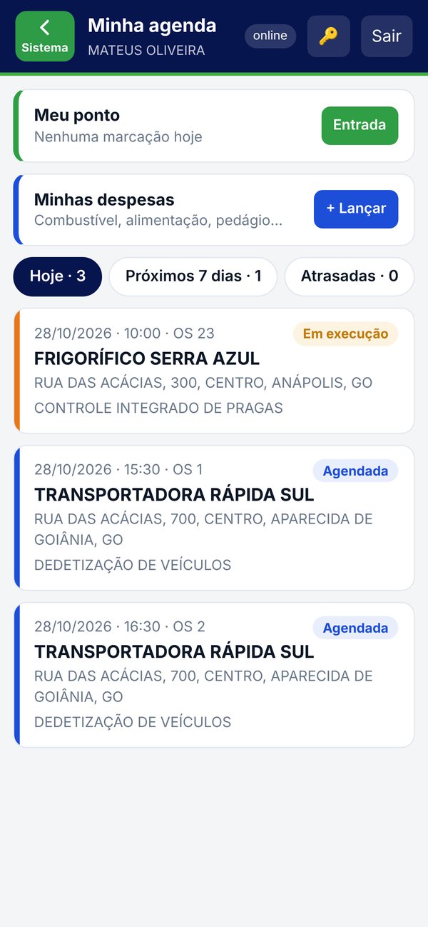 App do técnico no celular, com a agenda do dia