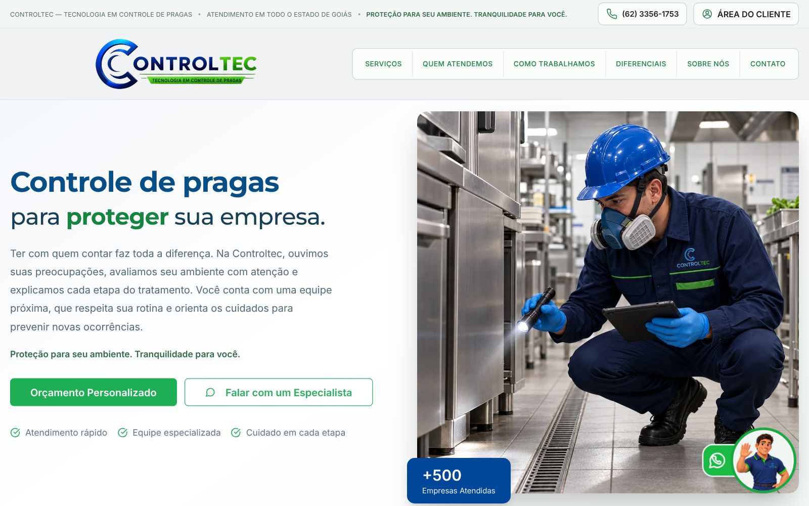 Página inicial do site da Controltec no computador